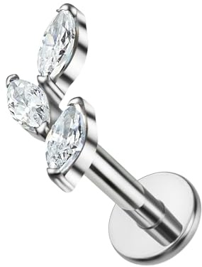 NewkeepsR Labret a Schiena Piatta in Titanio da 1,2mm con Trio di Marquise in Zirconia Cubica,Filettato Internamente, Gioiello per Piercing Helix