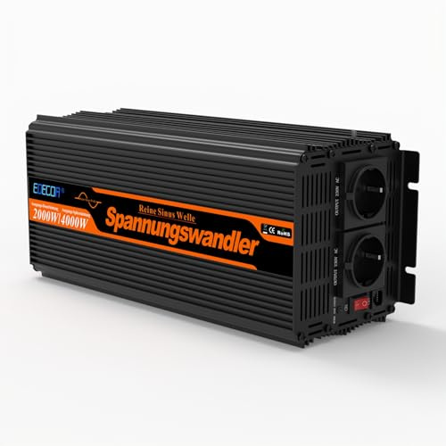 EDECOA växelriktare 12 V/230 V ren sinus 2000 W/4000 W bilspänningsomvandlare solinverter LCD-fjärrkontroll EU-standard USB- och typ-C-gränssnitt