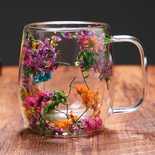 Richaa Dried Flowers Double Walled Glass Mug with Handle 350ml Cappuccino Cup Hot Chocolate Mug Latte Glass Coffee Mug Original Gifts