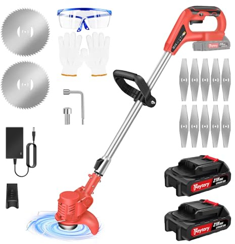 Tagliaerba elettrico a batteria con lame, tagliabordi a batteria e tagliabordi da giardino, prato, erbacce per giardino, cortile, inchiostro, 2 batterie e caricabatterie, rosso