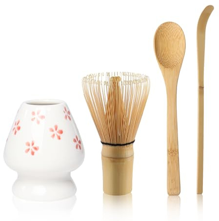 Service à thé matcha avec fouet et cuillère, kit de fouet à matcha avec porte-fouet en céramique, cuillère à matcha et cuillère - Coffret cadeau à matcha (cerise)