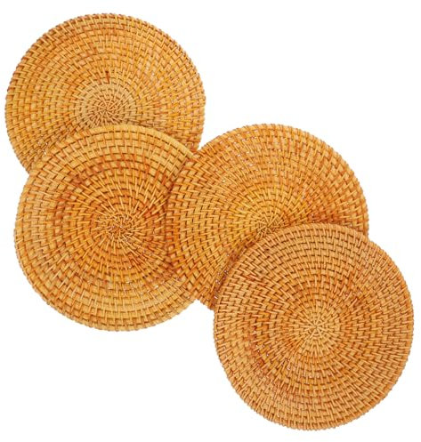 GLEAVI 4 Manteles Individuales con Almohadillas Aislantes para Mesa De Comedor Decoración De Mesa Manteles Individuales Redondos De Mimbre Posavasos Trenzados Hechos A Mano Manteles
