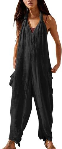 Salopette estive da donna leggere in lino, tuta da donna, sportiva, per il tempo libero, pantaloni da lavoro, elasticizzati, con scollo a V, tinta unita, senza maniche, tuta estiva, Nero , m