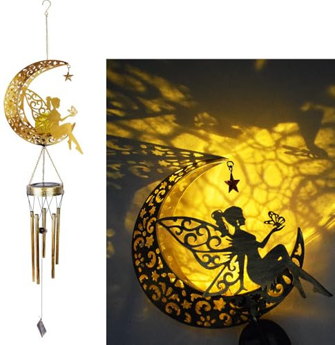 YZYOE Carillon à vent mignon à énergie solaire en forme de lune et de fleur, lumière décorative, carillon en fer, un carillon éolien à LED portable pour l'extérieur, cadeau pour les amis.