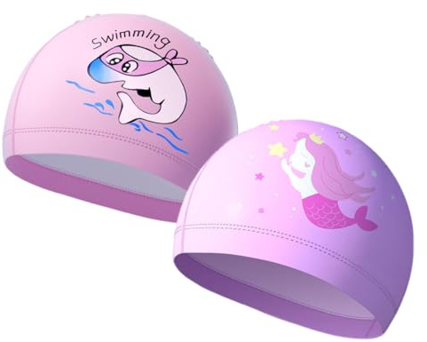 MIRKUZI Bonnets de bain Lot de 2 bonnets de bain pour filles, bonnets de bain pour enfants de 2 à 10 ans, bonnets de bain imperméables avec revêtement PU pour filles.