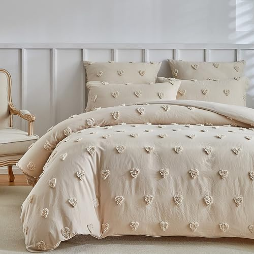 GETIYA Exquisite Herz Muster Bettwäsche 135x200 Romantisch Getuftet Bettbezug Herzmuster Mädchen Damen Bettwäsche Beige Weich Mikrofaser Deckenbezug Einzelbett mit 1 Kissenbezug 80x80