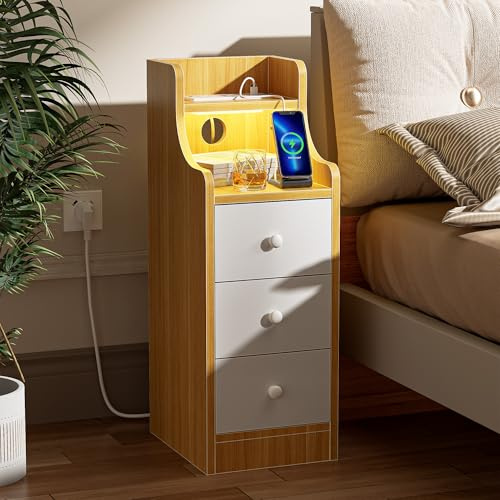 Ztexkee Comodino Stretto con presa e striscia luminosa a LED piccolo Comodini Stretto Comodino con 3 cassetti e 2 scomparti portaoggetti per camera da letto, soggiorno Arancione e bianco