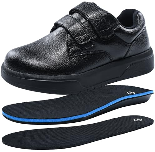 Flexwin Wide Diabetic Shoes for Men, Adjustable Hook and Loop Shoes for Swollen Feet, Orthopedic Walking Shoes for Elderly & Neuropathy Relief Black