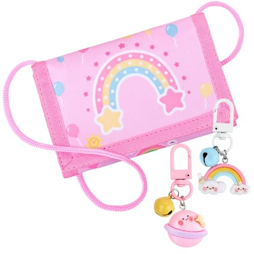 Arvok Dreifach Portmonee Kinder Brustbeutel für Mädchen mit 2 Schlüsselanhängern & Schultergurt - Regenbogen Design - Einschulungsgeschenk und Schultüte Füllung (Rosa)