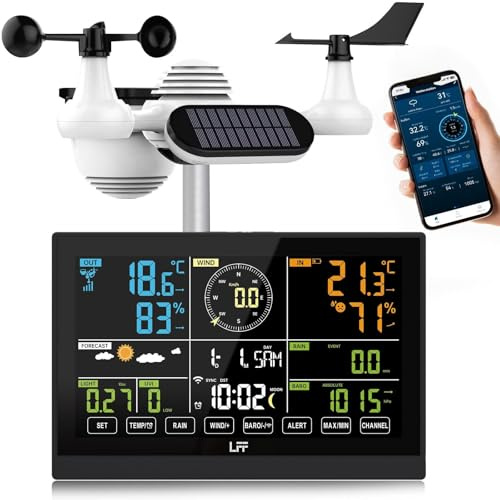 LFF WLAN Wetterstation mit Funk mit Außensensor, 7in1Wifi Funkwetterstation mit APP, 7,5-Zoll Farbdisplay, UV-Index, Windgeschwindigkeit, Windrichtung, Niederschlag, Temperatur, Luftfeuchtigkeit