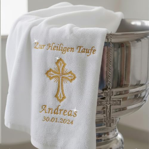 Zur Heiligen Taufe, Taufe,Taufdecke, Baby,Decke für Taufe, Tauftuch, taufen, mit Namen und Datum gestickt, Stickerei Taufe Kreuz, meineTaufe, 100% Baumwolle (Glitzer Gold, Duschtuch 140x70cm)