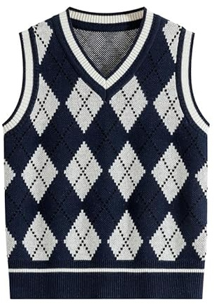 LOLANTA Boys Girls Navy Argyle Knitted Vest V-Neck School Jumper Sleeveless Knitwear Sweater Pullover for Kids 5-11 Years(Navy Argyle, 7-8 Years, 130)