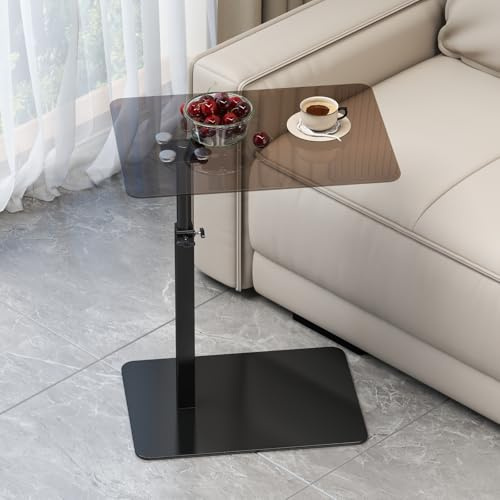 Beistelltisch Glas C Form Höhenverstellbar, Kleiner C-förmigen Couch Beistelltisch, 360° Drehbarer Klein Tisch für Sofa/Bett, Mobiler Sofatisch für Wohnzimmer, Schwarz Transparent Glas Metall Basis