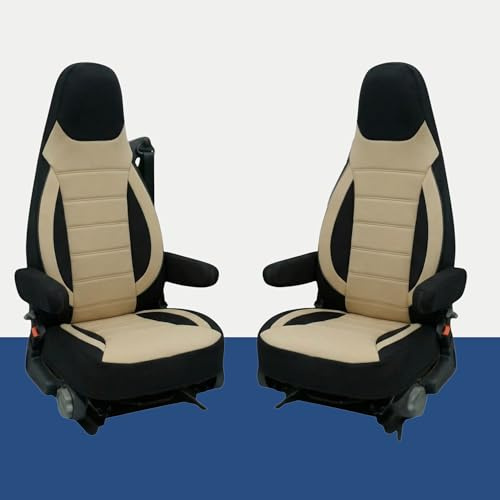 Sitzbezüge kompatibel Aguti GIS Liner & Milan Wohnmobil, 2‑teiliges Set mit Armlehnen, geeignet für Sitze mit integriertem Gurt,passend Pössl,Knaus,Adria,Carthago (Schwarz/Beige)