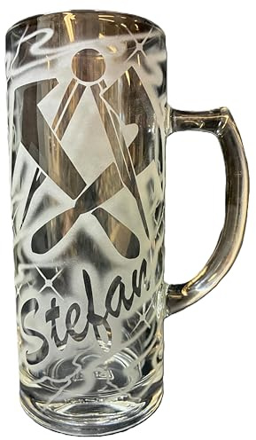 Bierkrug 0,3 l mit Gravur Dachdecker Logo Zunftzeichen und Name personalisiert graviertes Glas Krug graviert Bierglas Bierseidel Glaskrug individuell Geschenk Handwerker