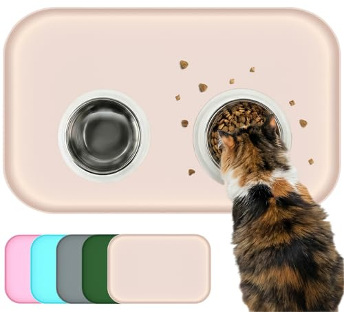 BLESWIN Tappetino impermeabile in silicone per alimentazione animali domestici con bordi rialzati, tappetino per ciotola gatto facile da pulire (Beige, 60×40 cm)