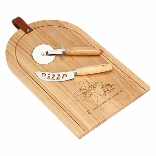 THUN - Set tagliere in legno e 2 taglia pizza Acqua e Farina - legno,40x25x1,5 cm