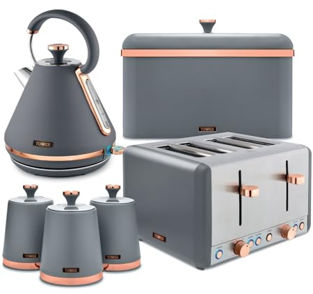 Tower Cavaletto 4 Piece Kitchen Set, 3kW 1.7L Pyramid Kettle, 4 Slice Toaster, Bread Bin & 3 x 1.3L Canisters, Grey, EEJB474