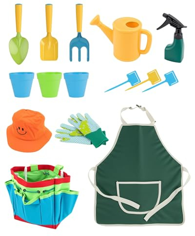 15pcs Kids Gardening Tool Set, Outdoor Gardening Set with Tools, Rake, Fork, Trowel, Watering Can, Gloves, Tote Bag & Plant Pots, Fun Garden Gift for Boys Girls Ages 3-12, Blue