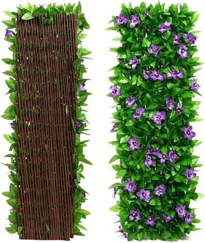 Qisino Künstlicher Efeuzaun und lila Blumen, erweiterbare Gartengitterplatten für Balkon, Terrasse, Außenbereich, dekorative Efeuzaunpaneele, künstliche Efeu, Hecken (1)