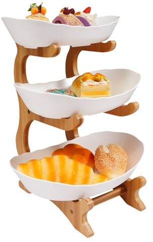 Veziner Soporte para frutas de 3 niveles, color blanco, frutero con soporte de bambú natural, moderno soporte para servir frutas, verduras, aperitivos, cocina, sala de estar