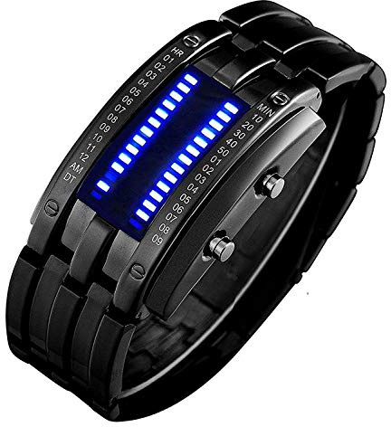Montres de mode pour femmes et hommes en acier inoxydable Bracelet noir avec affichage LED numérique rouge lave bleu, Numérique