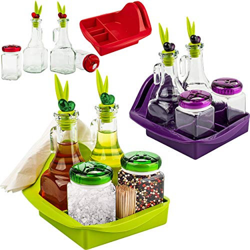 alles-meine.de GmbH 3 * Tischset mit Tablett/Menage Set - Glas Flaschen für - Öl & Essig + Salz- & Pfefferstreuer - bunter Farb-Mix - Ölflasche/Essigflasche - Servierset - fü..
