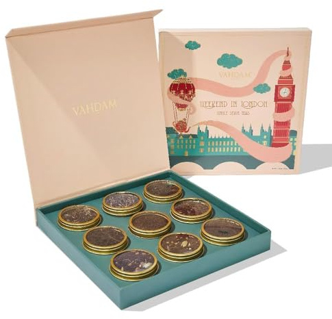 VAHDAM Weekend in London Tea Gift Set Travel Edition Gift Box | 9 Varieties of Chai & Black Tea | Gluten-Free, Non-GMO | Gift for Women & Men