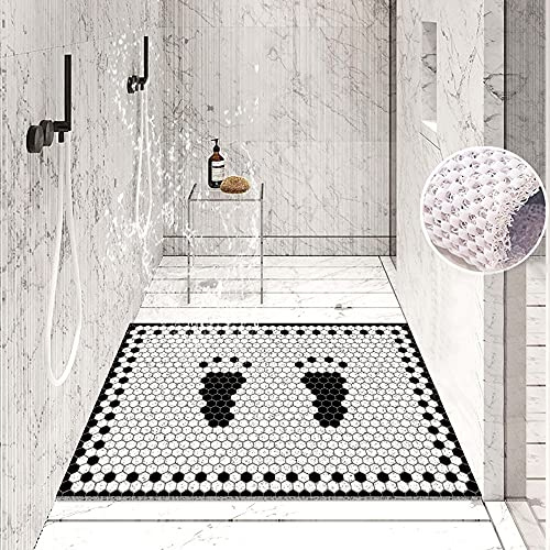 Duschmatte rutschfest, Weich Komfort Sicherheits Badewannenmatte mit Ablauflöchern, PVC-Luffa Massage Duschmatten für Nassbereiche, Schnell trocknend (Schwarz weiß Raster, 40x 60 cm)