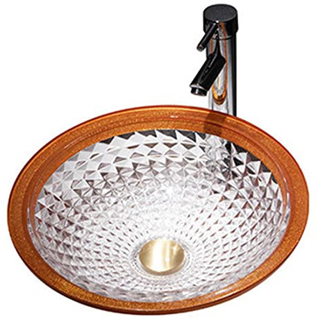 XYEJL Rundes Badezimmer Waschbecken, Gehärtetes Glaswaschschale, Modern Einfach Waschbecken Mini Handwaschbecken, Mit Wasserfall Wasserhahn, Kupferner Pop Up Abfluss