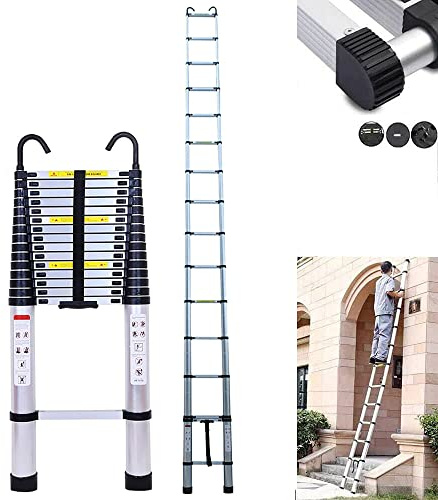 6,2m Teleskopleiter Aluminium Leiter mit 2 Haken, Ausziehbar Ausziehleiter Anlegeleiter mit 15 Sprossen, Mehrzweckleiter Loftleiter 150KG Tragkraft, EN131