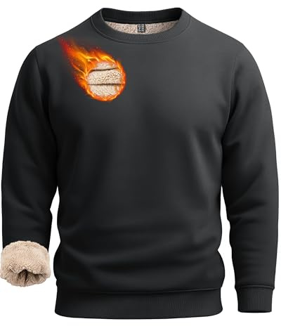 Boladeci Black Crewneck Sweatshirts for Men No Hood Sherpa Lined Heavy-weight Thick Thermal Long Sleeve Fleece Pullover Cotton Extra Warm Winter Cold Weather Insulated Top