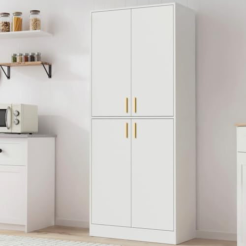 Cozy Castle Kitchen Pantry Cabinet, 71 Tall Wood Storage Cabinet with Doors and Shelves 4 Doors Freestanding Cupboard for Dining Room Living Room Furniture, White
