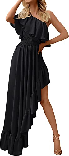 Vagbalena Abito da Spiaggia a Vita Alta Boho Estivo da Donna 2023 Monospalla con Volant Asimmetrico Abiti da Ballo a Basso Flusso Alto Abiti da Cerimonia Lunghi da Cerimonia (Nero,S)