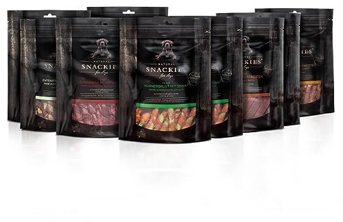 SNACKIES Vorteils-Set Genuss 8+1 Pack (à 170/180g) Premium Snacks für Hunde ohne Zusatz von Getreide, Zucker, Farb-, Aroma- und Konservierungsstoffe, schonend luftgetrocknete Leckerli