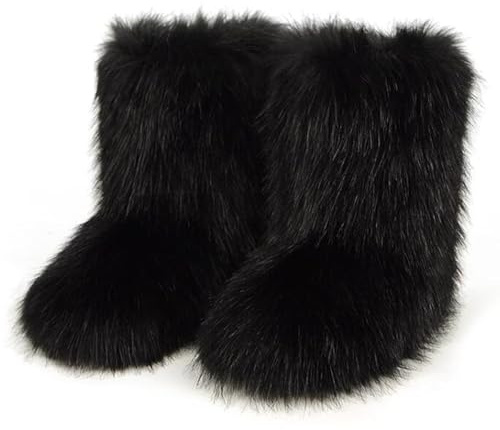 QMFUR Women's Furry Faux Fur Boots Fuzzy Fluffy Mid Calf Snow Boots Suede Warm Fur Lined Booties Flat Fashion Boots (Black 1, 8)