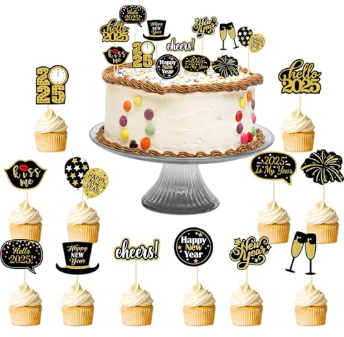 Frohes Neues Jahr Cupcake Toppers, 24 Stücke Frohe Silvester Dekoration 2025, Silvester Tortendeko, Muffin Cake Toppers, Silvester Partydekorationen für Tafelkuchen Dekorationen Silvester Party Gunst