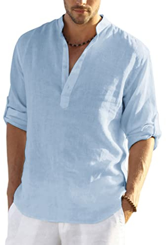 COOFANDY Herrskjorta, långärmad Henley-skjorta, linneskjorta, bomull, ledig, normal passform, sommarskjorta, Himmelsblå, M