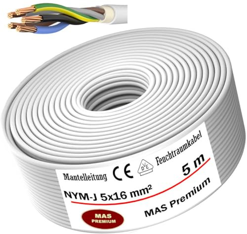MAS Premium Feuchtraumkabel Stromkabel Mantelleitung Deutscher Marken-Elektrokabel Ring zur Verlegung über, auf, in und unter Putz, in trockenen, feuchten und nassen Räumen (NYM-J 5x16 mm², 5m)
