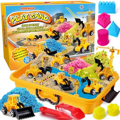 ESSENSON Sensory Bin - Play Sand Kit with Construction Set Toy Truck and 4lbs Magical Sand, Pretend Play Beach Sensory Toy Sandbox, Kids Gifts for Girls and Boys