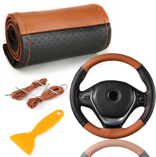 Coprivolante, Coprivolante in Vera Pelle, Cucito Sull'involucro, Coprivolante Auto Universale, per Volanti da 37-39 cm (Marrone Scuro)