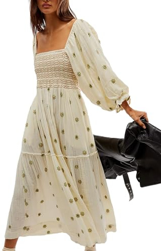 SANSIWU Women's Flower Embroidered Maxi Dress With Long Puff Sleeve, Square Neck Bohemian Tiered Flowy A-Line for Beach, Casual Wear