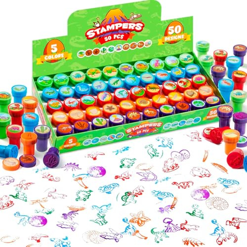 JOYIN 50 Stück Dino Stempel Kinder stempelset, Selbstfärbende Dinosaurier Stampers 5 Farben,50 Designs stempelset Kinder ab 2 Jahre,Kleine Geschenke für Kinder, Mitgebsel Gastgeschenke