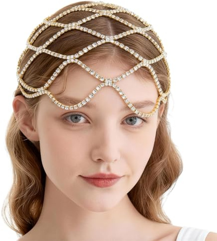 GORGECRAFT Strass Perlenkappen Kopfbedeckungen Vintage Kristall Kopfkette Hochzeit Braut Flapper Bling Stirnband 20s Lagen Haarschmuck Hellgold Boho Haarschmuck Für Frauen Party Abschlussball Kostüm