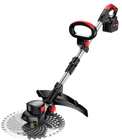Recortadoras Eléctricas con Ruedas, Desbrozadora con Cabezal Ajustable De 90°, Desbrozadora a Batería Duradera con 3 Tipos De Cuchillas para Jardín Doméstico, Césped, Patio, Arbustos(One Battery)