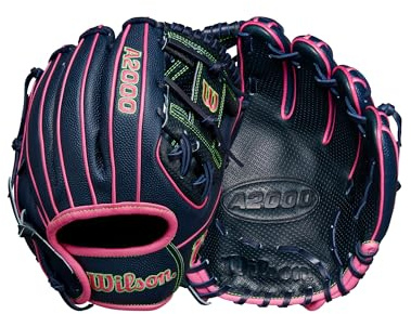 Wilson Spring 2025 A2000 DP15SS - Guanto da baseball Infield da 29,2 cm, mano destra, blu navy/fenicottero/verde