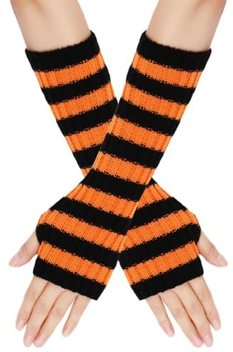 Whakano Lange Fingerlose Handschuhe 30cm,Gestrickte Handschuhe Handstulpen für Damen,Gestreifte Winter Armwärmer Daumenloch Stulpen Handwärmer,Winterhandschuhe Damenhandschuhe,Orange Schwarz