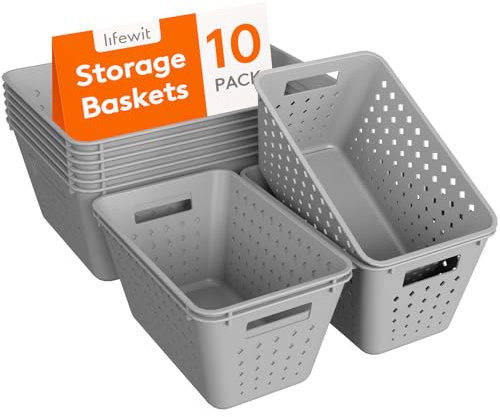 Lifewit Juego de 10 cestas de almacenamiento de plástico, apilables para organizar, contenedores abiertos de múltiples tamaños para estantes, cocina, baño, oficina, armario, 6 grandes y 4 pequeños,