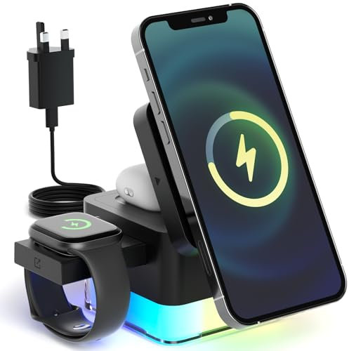 4 in 1 Wireless Charging Station for Apple with Night Light, Foldable 3 in 1 Iphone/Watch/AirPods Charger Stand 15W (6.8 * 6.8 * 6.8cm)