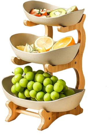 Sightday 3 Etagen Obstkorb,Gemüse Aufbewahrung,Obstschale Etagere Holzregal PP Obstschale,Abnehmbare Schüssel,Stapelbar,Obst Und Gemüse Aufbewahrung,Gemüseregal für Brot,Gemüse,Snacks(Obstkorb Creme)